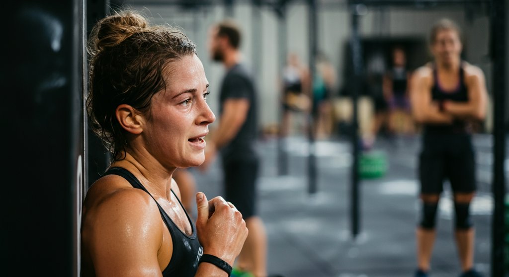 Erschöpfte aber stolze Athletin nach ihrem ersten Crosstraining Wettkampf für Anfänger.