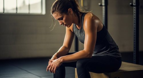 Erschöpfte Sportlerin denkt nach einem intensiven HIIT-Workout über die Auswirkungen auf ihren Cortisolspiegel und den Muskelaufbau nach.