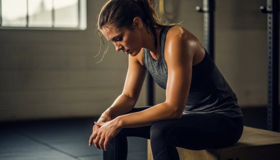 Erschöpfte Sportlerin denkt nach einem intensiven HIIT-Workout über die Auswirkungen auf ihren Cortisolspiegel und den Muskelaufbau nach.