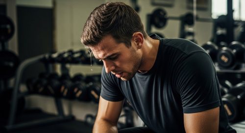 Erschöpfter, aber entschlossener Athlet macht eine Pause beim German Volume Training.