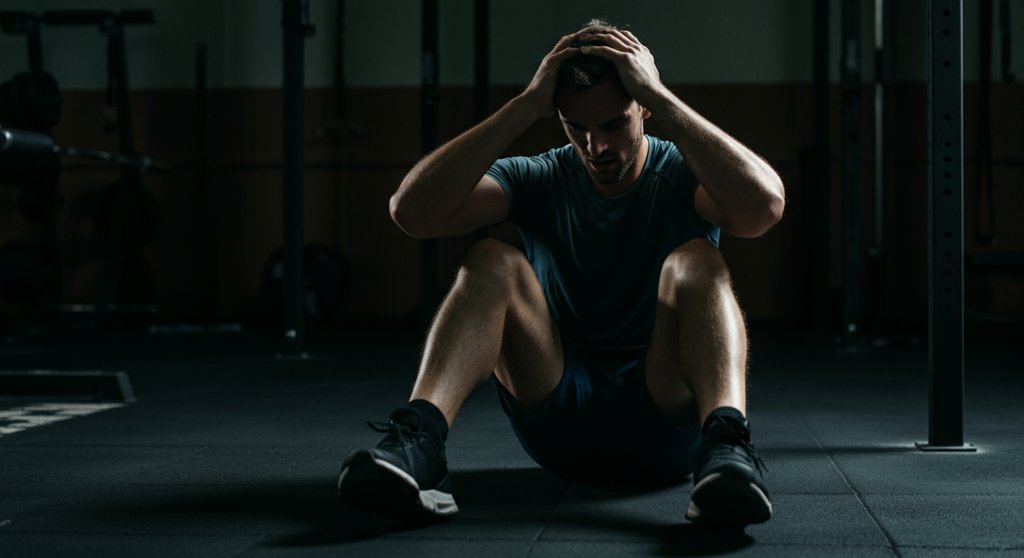 Erschöpfter Athlet nach dem HIIT-Training mit hohem Cortisolspiegel.