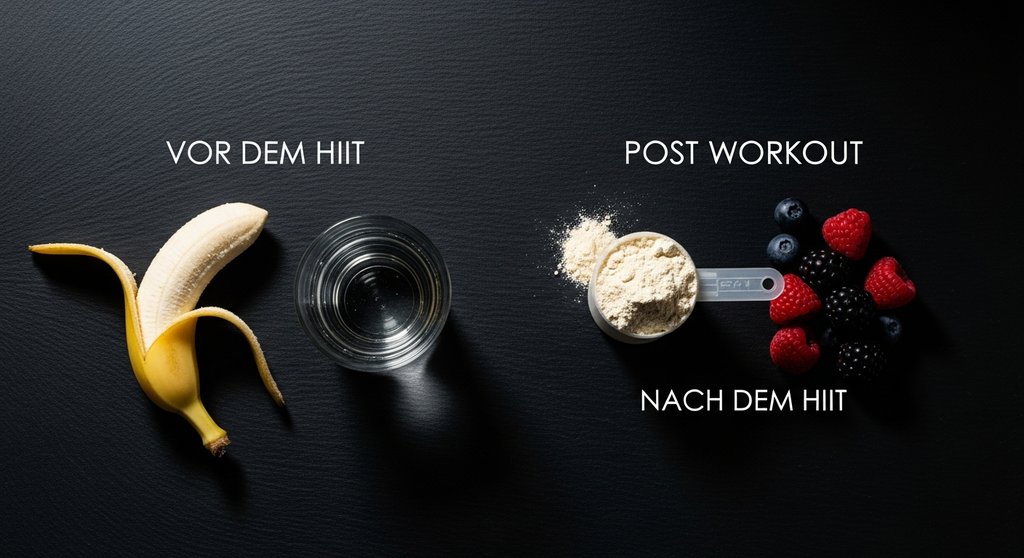 Flat Lay Foto, das die ideale Pre- und Post-Workout Ernährung für HIIT zeigt.