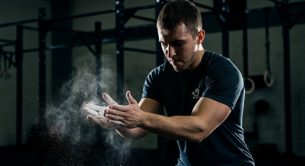 Fokussierter Athlet bereitet sich auf eine schwere Übung im Crosstraining Trainingsplan für 5 Tage vor.