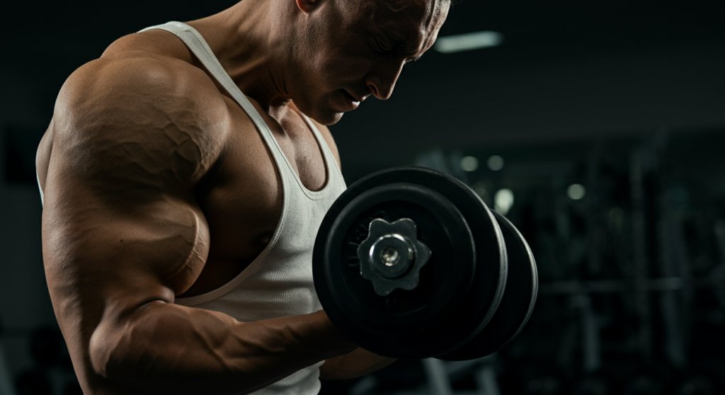 Fokussierter Bodybuilder visualisiert die Mind-Muscle-Connection beim Training.