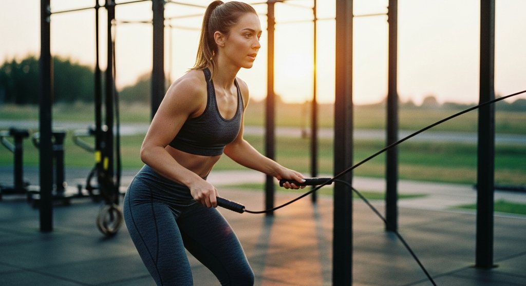 Fortgeschrittene Sportlerin bei Double Unders mit dem Springseil bei Sonnenuntergang.