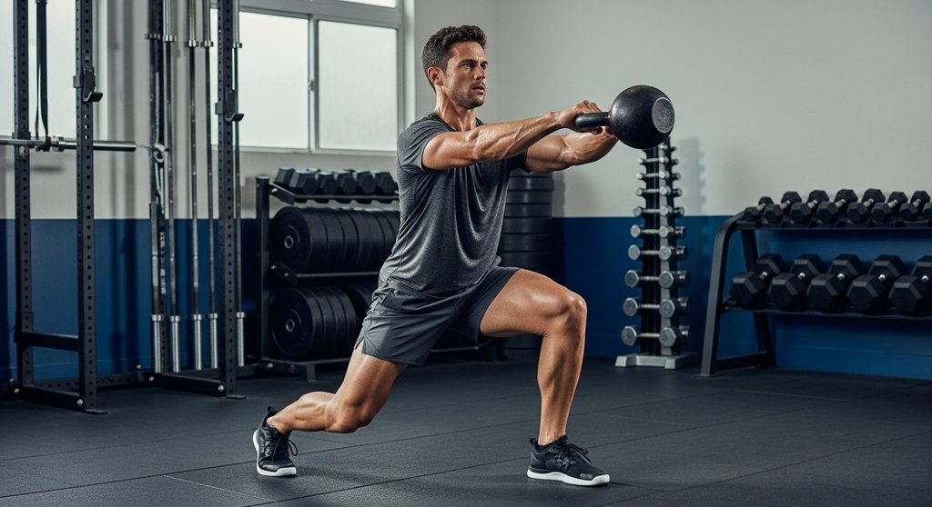 Fortgeschrittener Athlet beim Crosstraining mit einer Kettlebell.