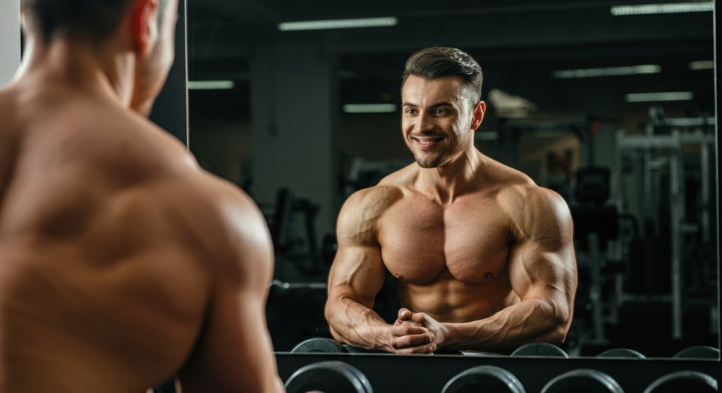 Fortgeschrittener Sportler analysiert seinen Trainingsfortschritt durch den 5er Split im Spiegel.
