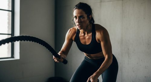 Frau bei einem intensiven HIIT Training mit Battle Ropes in einem Gym. Frau bei einem intensiven HIIT Training mit Battle Ropes in einem Gym.