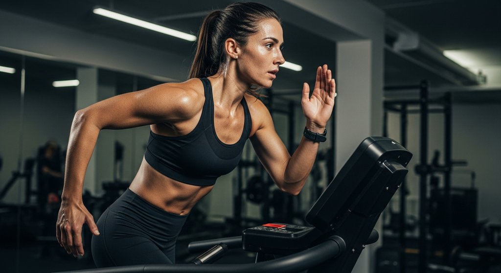 Frau bei einem intensiven Sprint auf dem Laufband während eines HIIT-Workouts zur Maximierung des EPOC.