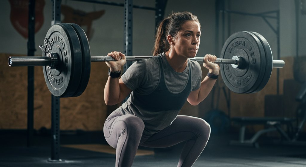 Frau bei einer tiefen Kniebeuge als Teil ihres 3-mal pro Woche Crosstraining Plans.