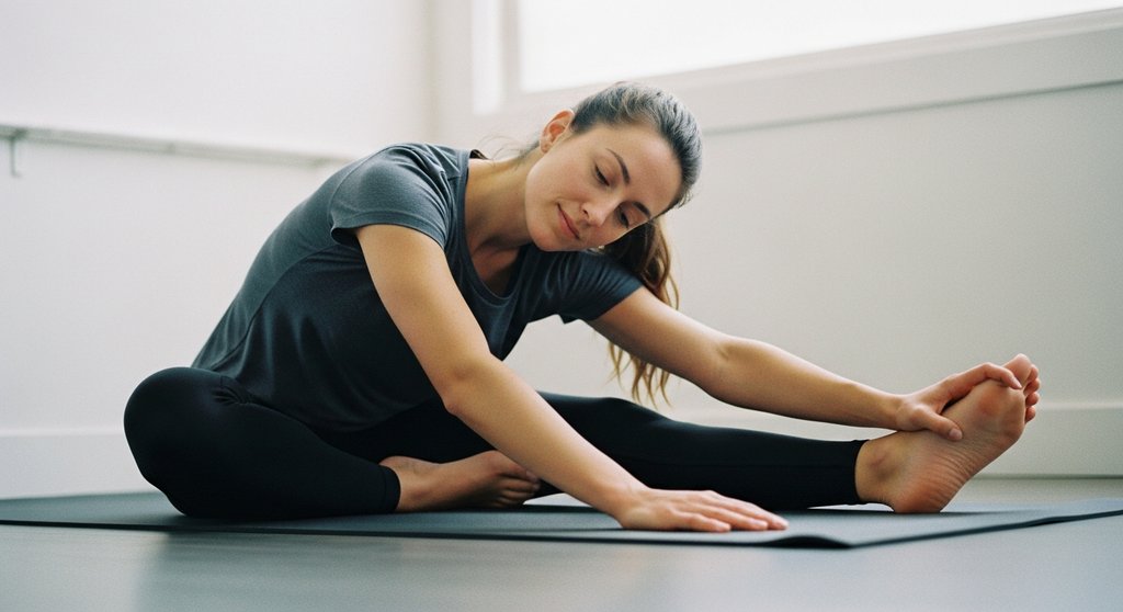 Frau beim Stretching und Cooldown in der Lutealphase ihres Zyklus.