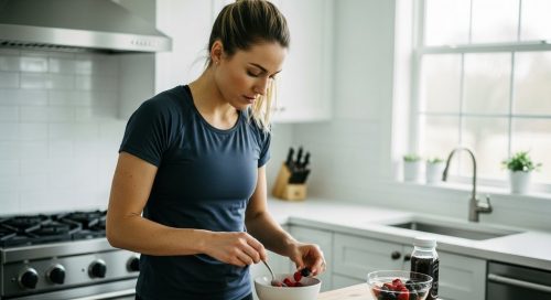 Frau bereitet in der Küche eine gesunde Mahlzeit als Pre-Workout-Snack vor dem HIIT Training zu.