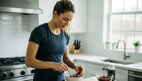 Frau bereitet in der Küche eine gesunde Mahlzeit als Pre-Workout-Snack vor dem HIIT Training zu.