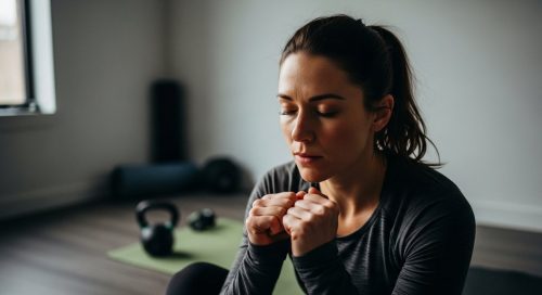 Frau bereitet sich mental auf ihr intensives HIIT Workout vor, um ihren Trainingsplan zu starten. Frau bereitet sich mental auf ihr intensives HIIT Workout vor, um ihren Trainingsplan zu starten.