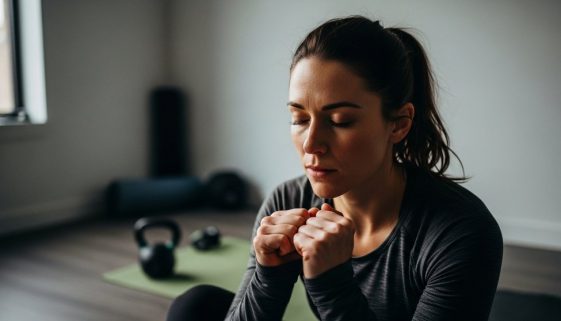 Frau bereitet sich mental auf ihr intensives HIIT Workout vor, um ihren Trainingsplan zu starten.