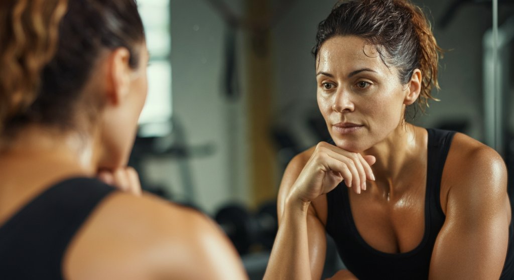 Sportliche Frau blickt selbstbewusst in den Spiegel, was zeigt: Crosstraining macht nicht bullig.