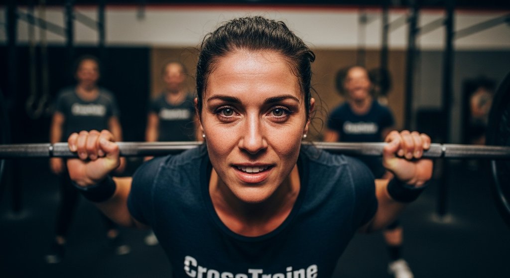 Frau blickt stolz und selbstbewusst nach einem erfolgreichen Gewichtheben-Lift.