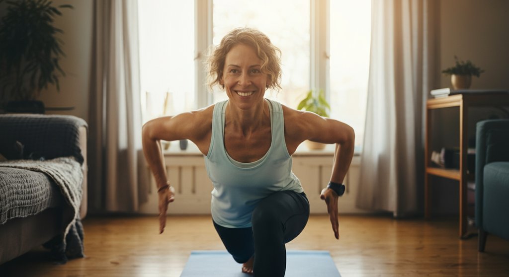 Frau führt eine dynamische Lunge während ihres Low Impact HIIT Workouts zu Hause schmerzfrei durch.