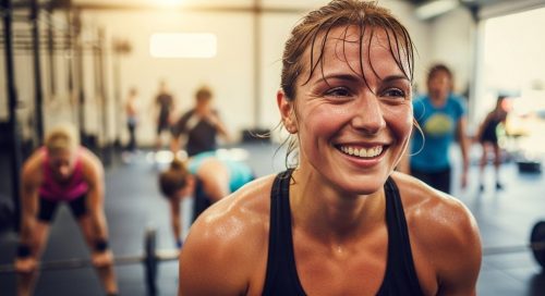Frau lächelt zufrieden nach einem Crosstraining-Workout zum Abnehmen. Frau lächelt zufrieden nach einem Crosstraining-Workout zum Abnehmen.