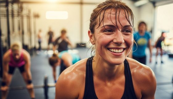 Frau lächelt zufrieden nach einem Crosstraining-Workout zum Abnehmen.