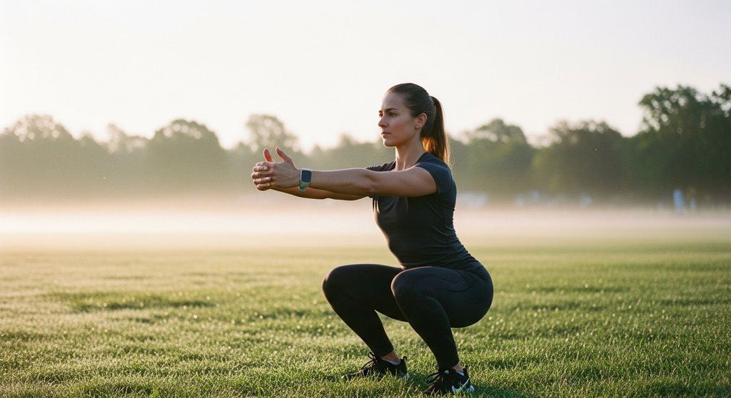 Frau macht eine anspruchsvolle Bodyweight-Übung im Freien als Teil ihres Turbulence Trainings.