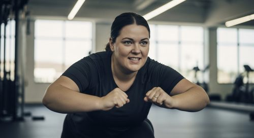 Frau mit starkem Übergewicht führt eine sichere HIIT-Übung zum Abnehmen durch. Frau mit starkem Übergewicht führt eine sichere HIIT-Übung zum Abnehmen durch.