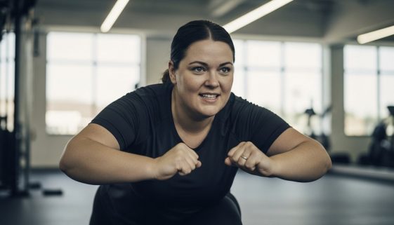Frau mit starkem Übergewicht führt eine sichere HIIT-Übung zum Abnehmen durch.