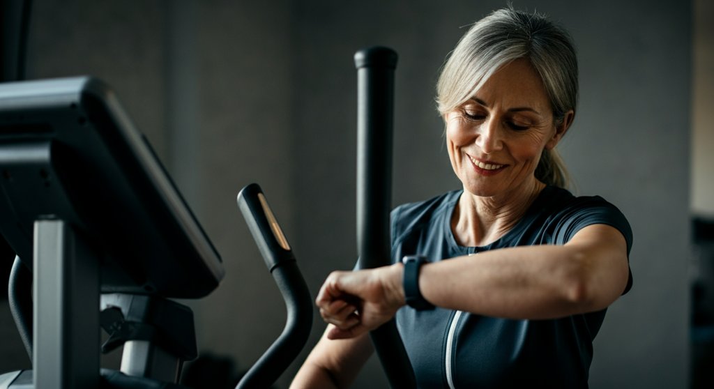 Eine Frau beweist, dass Crosstraining gesund ist, indem sie ihre Herzfrequenz nach dem Workout kontrolliert.