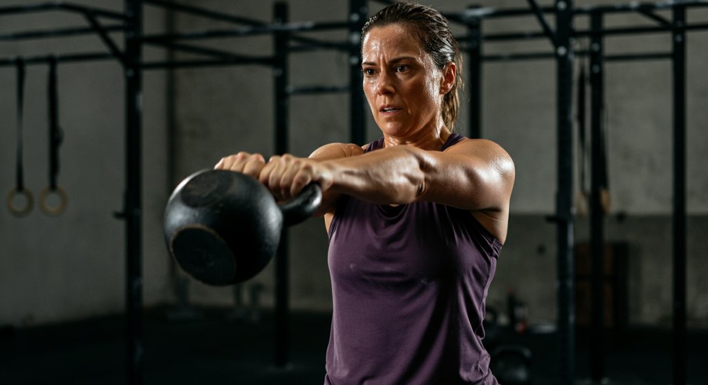 Frau regt ihren Stoffwechsel mit Kettlebell Swings bei einem intensiven HIIT-Workout an.