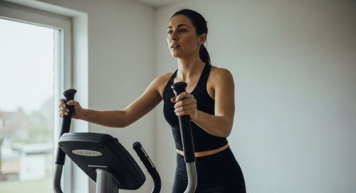 Frau trainiert fokussiert und effektiv auf einem Crosstrainer im Home-Gym. Frau trainiert fokussiert und effektiv auf einem Crosstrainer im Home-Gym.