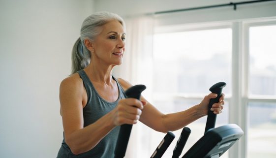 Frau über 60 trainiert konzentriert und sicher auf einem Crosstrainer zur Verbesserung ihrer Fitness im Alter.