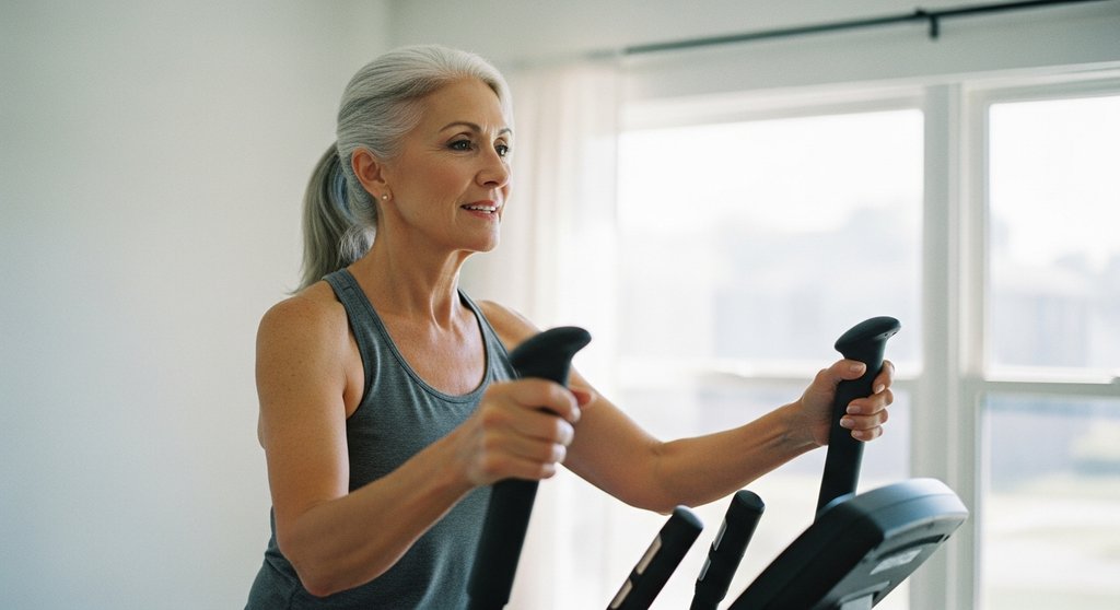 Frau über 60 trainiert konzentriert und sicher auf einem Crosstrainer zur Verbesserung ihrer Fitness im Alter.