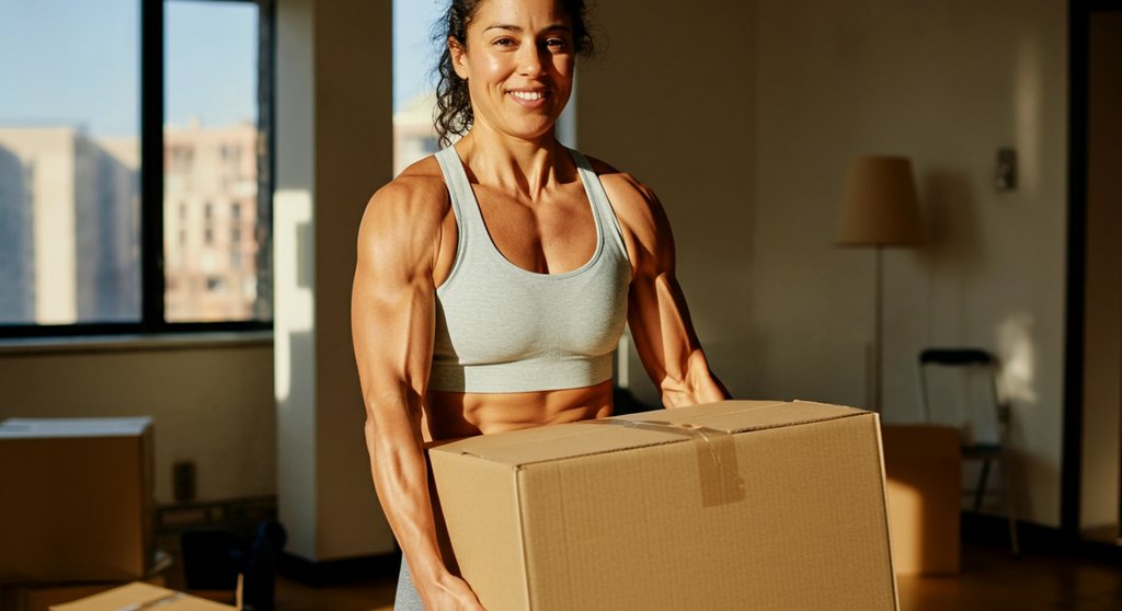 Frau wendet funktionale Crosstraining Übungen im Alltag an und hebt eine schwere Kiste.