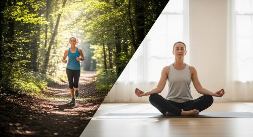 Frau zeigt die Vorteile von Cross-Training durch eine Kombination aus Laufen und Yoga.