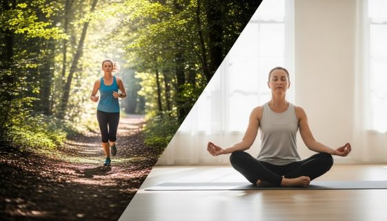 Frau zeigt die Vorteile von Cross-Training durch eine Kombination aus Laufen und Yoga.