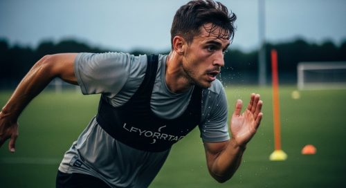 Fußballer beim intensiven HIIT-Ausdauertraining auf dem Spielfeld. Fußballer beim intensiven HIIT-Ausdauertraining auf dem Spielfeld.