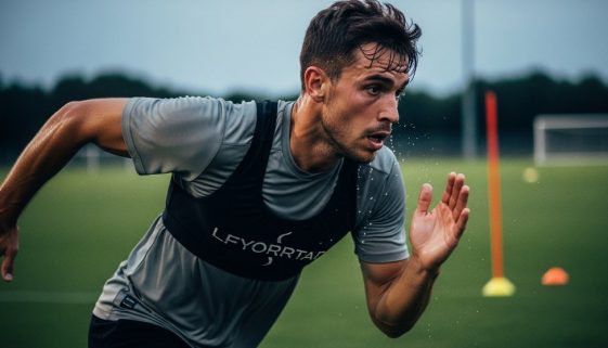 Fußballer beim intensiven HIIT-Ausdauertraining auf dem Spielfeld.