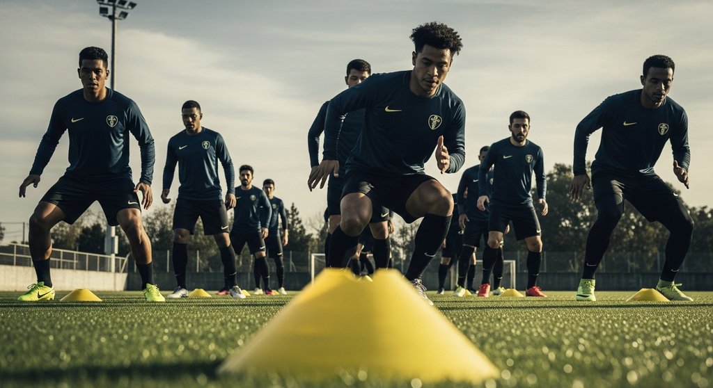 Fußballmannschaft bei einer HIIT-Übung mit Hütchen auf dem Trainingsplatz.