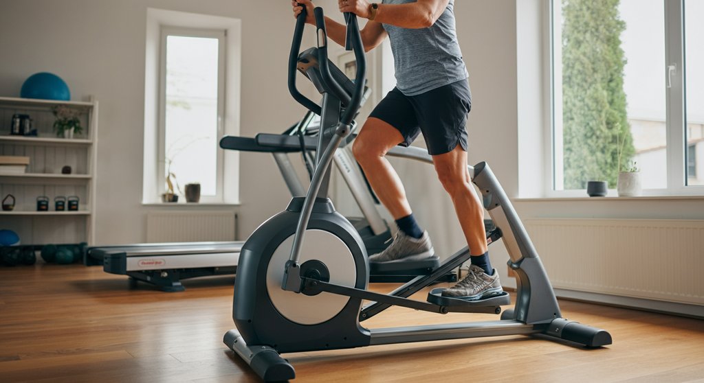 Ein Mann zeigt, dass Crosstraining gesund ist, mit einem gelenkschonenden Workout am Gerät.