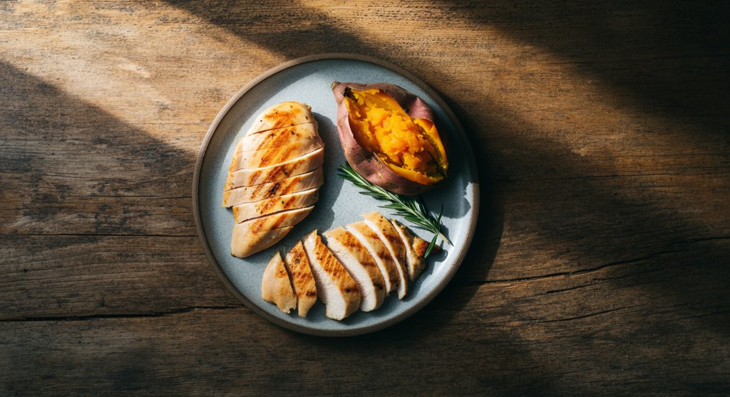 Gesunde Mahlzeit aus Hähnchen und Süßkartoffel als Idee zum Essen vor dem WOD.