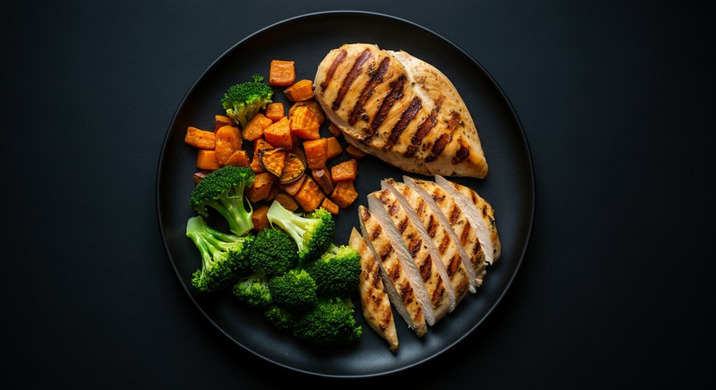 Gesunde Mahlzeit für Crosstraining nach dem Intervallfasten mit Hähnchen und Süßkartoffeln.