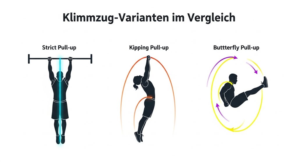 Grafik vergleicht die Bewegungspfade von Strict, Kipping und Butterfly Pull-ups.