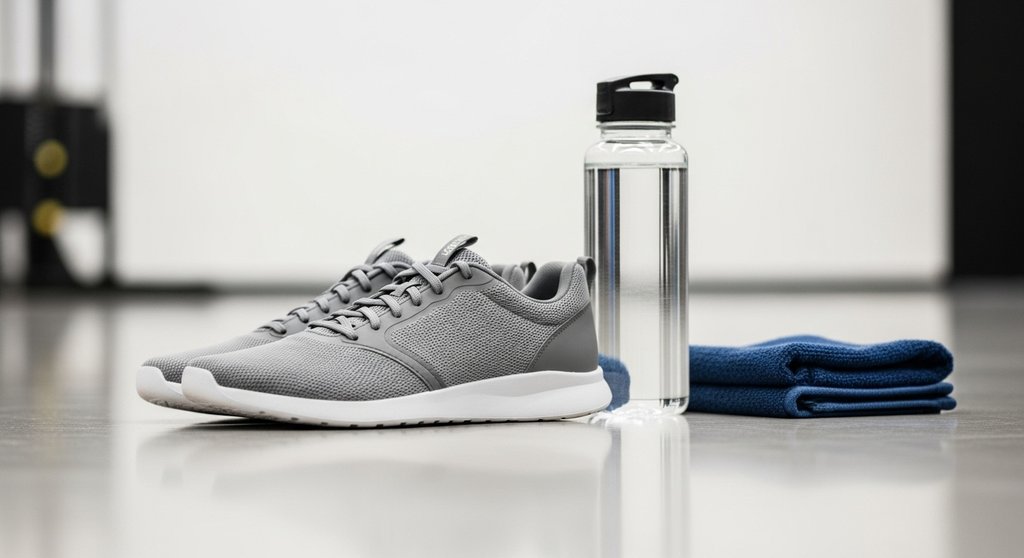 Grundausstattung für die erste Cross-Training Stunde: Schuhe, Handtuch und Flasche.