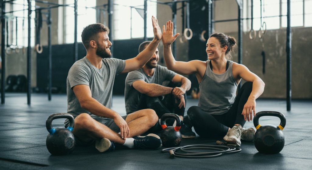 Gruppe von Athleten feiert erschöpft aber glücklich den Abschluss eines harten Chipper WODs.