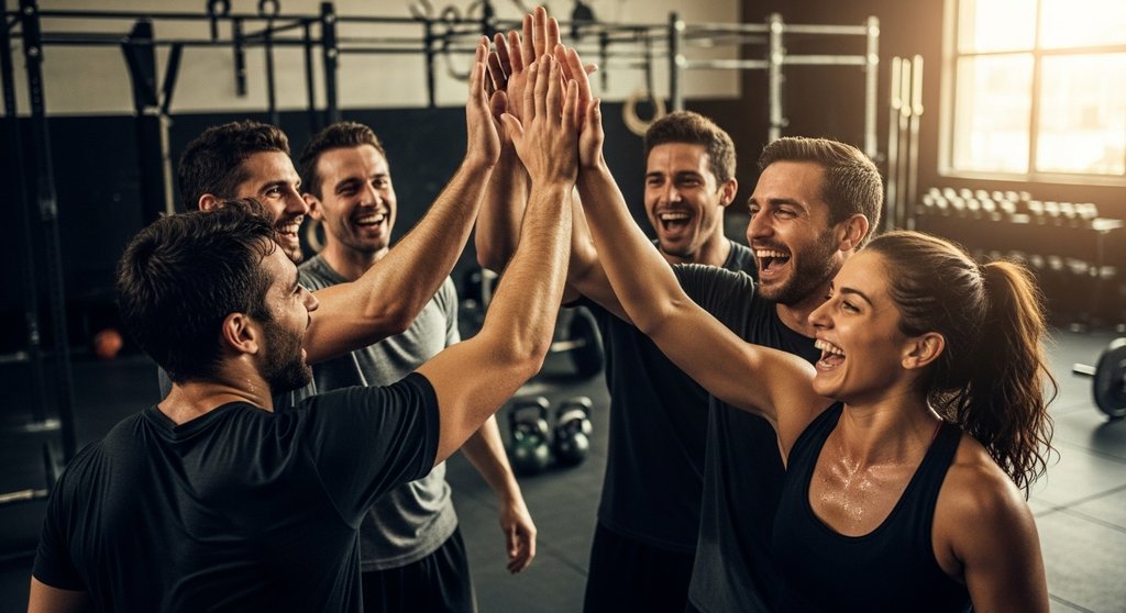 Gruppe von Athleten feiert gemeinsam den Erfolg nach einem Crosstraining-Workout.