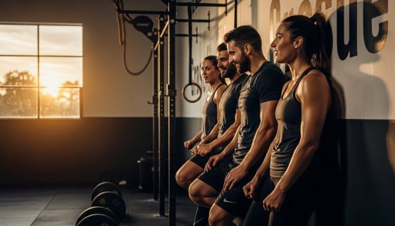 Gruppe von Athleten feiert gemeinsam nach Abschluss eines bekannten CrossFit Hero WODs.