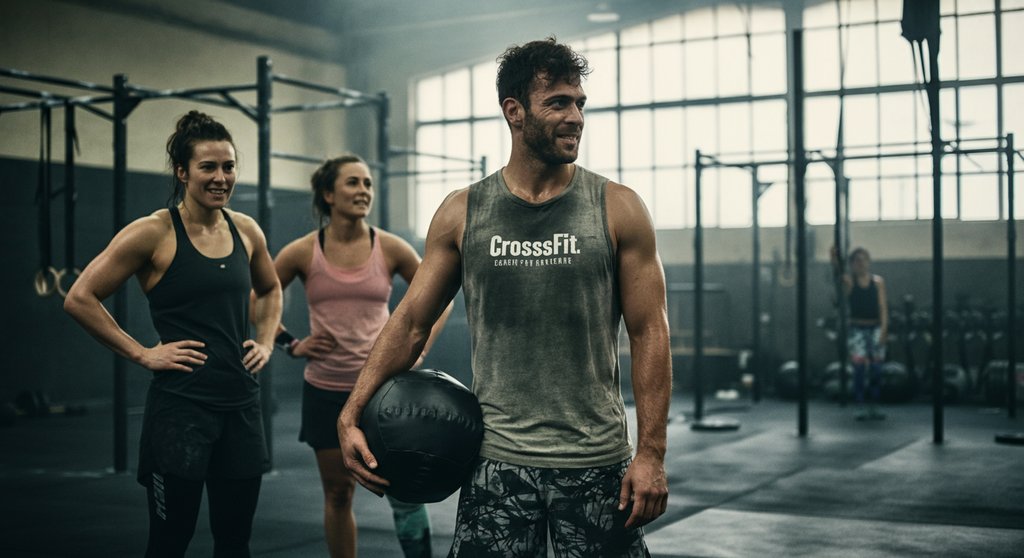 Gruppe von Athleten nach einem anstrengenden Crosstraining mit Wall Balls.