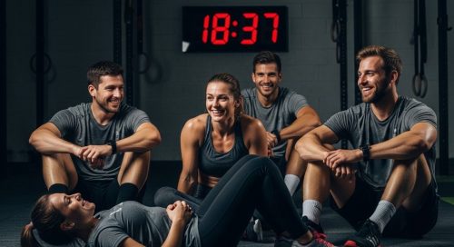 Gruppe von Athleten nach einem anstrengenden WOD blickt auf die Uhr.