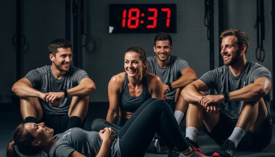 Gruppe von Athleten nach einem anstrengenden WOD blickt auf die Uhr.