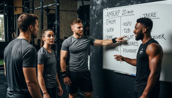 Gruppe von Athleten vor einer Tafel mit CrossTraining Begriffen wie AMRAP und EMOM.
